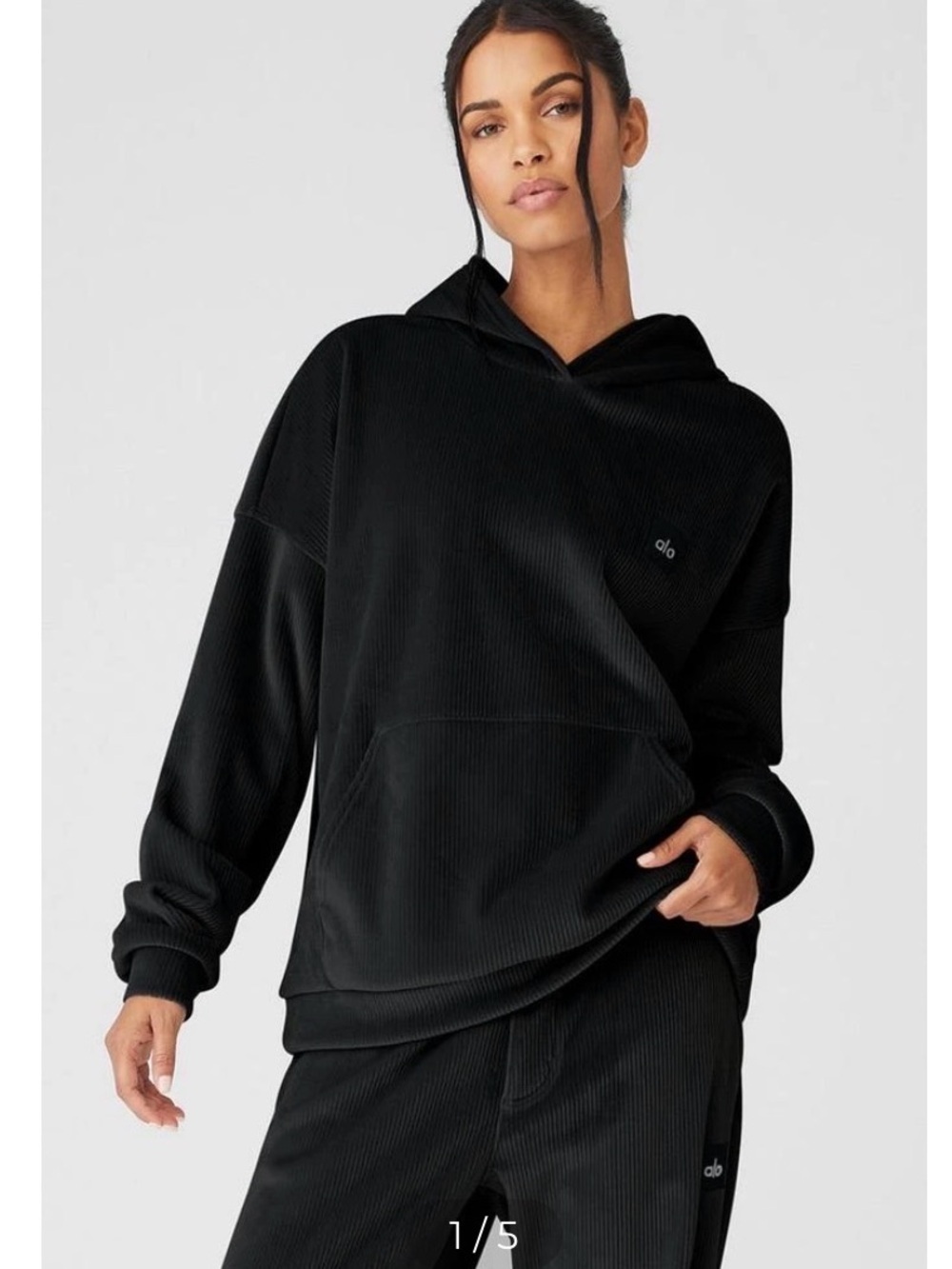 Alo Yoga Velour Baller Hoodie black, ribbed velour oversized sweatshirt XXS